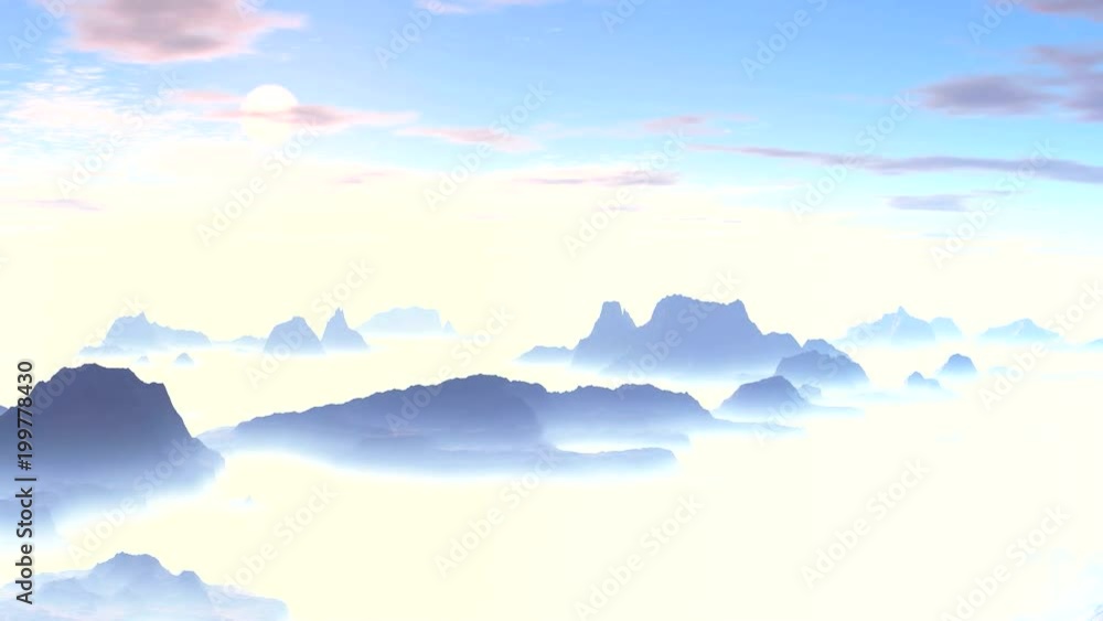 Beautiful Sunset over the Misty Mountains. In the blue sky floating white clouds. The mountains stand amid thick fog. Bright sun sets over the horizon, coloring everything in pink. Beautiful Sunset over the Misty Mountains. In the blue sky floating white clouds. The mountains stand amid thick fog. Bright sun sets over the horizon, coloring everything in pink.