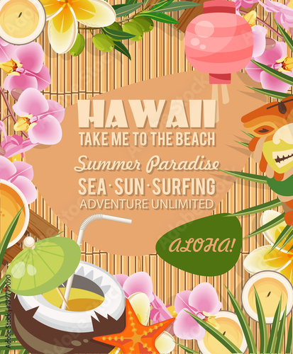 Hawaii vector travel illustration with colorful background. Summer template. Beach resort. Sunny vacations