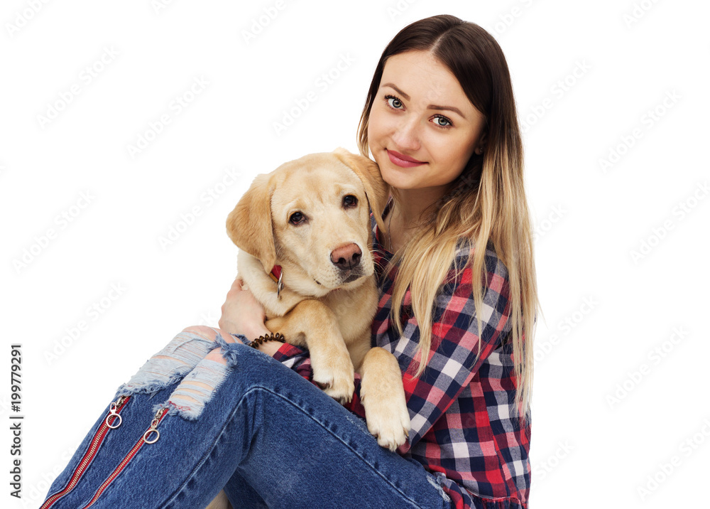 girl and dog labrador on white background girl and dog labrador on white background