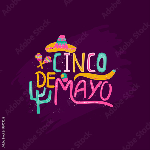 Banner or card for Cinco de Mayo celebration. Holiday poster with hand drawn calligraphy lettering,