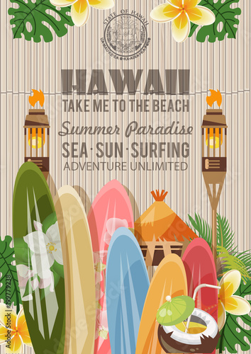 Hawaii vector travel illustration with colorful background. Summer template. Beach resort. Sunny vacations