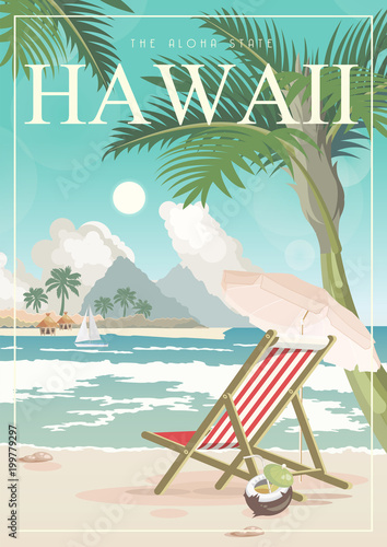 Hawaii vector travel illustration with colorful background. Summer template. Beach resort. Sunny vacations