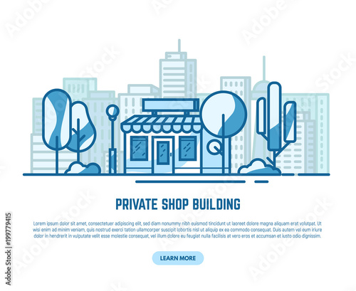 Online store building. Store building near park with trees and big city skyscrapers on background. Flat vector linear illustration. Tree and bushes with street lamp. Trendy line style vector.