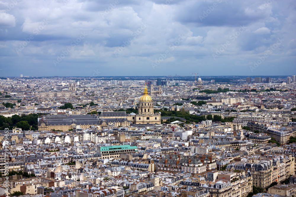 Panoramic view from Eiffel tower on the city and The Invalid's Cathedral in Paris, France, June 25, 2013