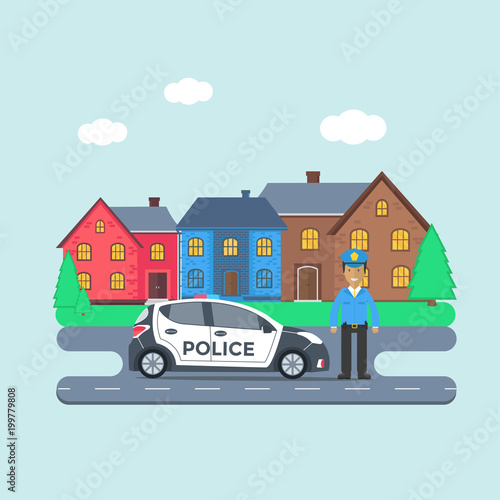 Police patrol on a road with police car, officer, house, nature landscape. © Tanyasun