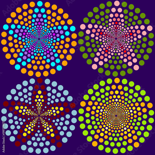 4 abstract flowers made of dots. No mesh.gradient, transparency used. Objects grouped and named in English.