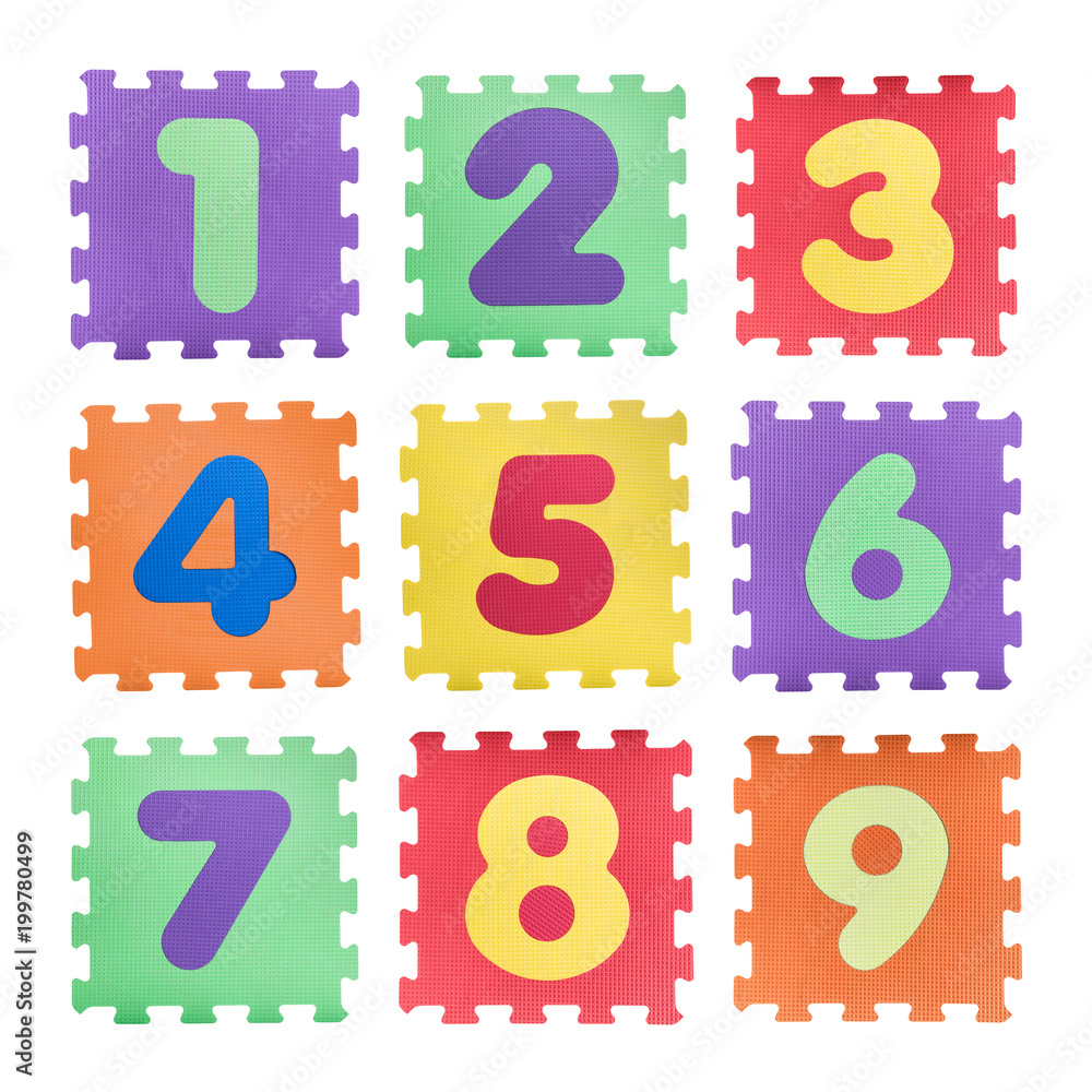 Colourful numbers puzzle set isolated on white background. Number learning block for children education.