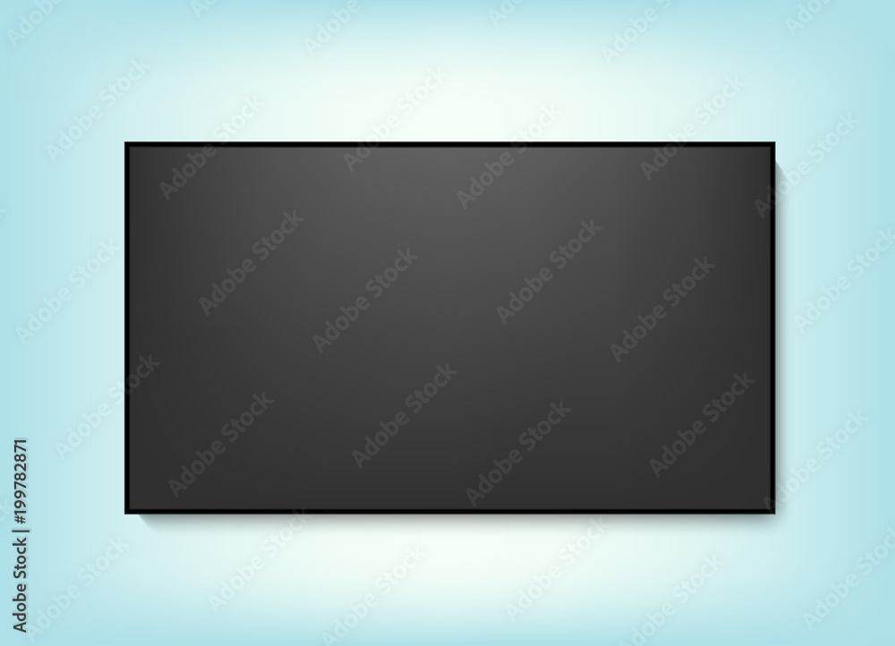Realistic TV screen. Modern stylish lcd panel, led type. Large computer monitor display mockup. Blank television template. Graphic design element for catalog, web site, as mock up. Vector illustration Realistic TV screen. Modern stylish lcd panel, led type. Large computer monitor display mockup. Blank television template. Graphic design element for catalog, web site, as mock up. Vector illustration