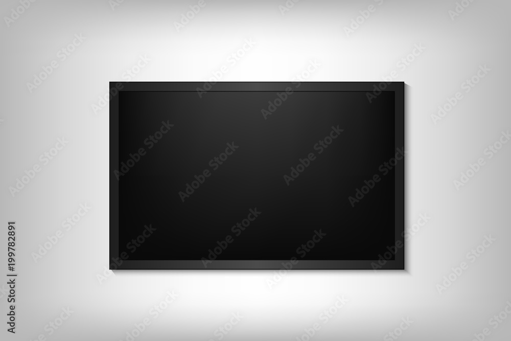 Realistic TV screen. Modern stylish lcd panel, led type. Large computer monitor display mockup. Blank television template. Graphic design element for catalog, web site, as mock up. Vector illustration Realistic TV screen. Modern stylish lcd panel, led type. Large computer monitor display mockup. Blank television template. Graphic design element for catalog, web site, as mock up. Vector illustration
