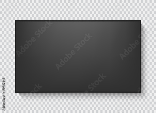 Realistic TV screen. Modern stylish lcd panel, led type. Large computer monitor display mockup. Blank television template. Graphic design element for catalog, web site, as mock up. Vector illustration