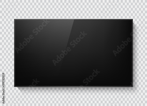 Realistic TV screen. Modern stylish lcd panel, led type. Large computer monitor display mockup. Blank television template. Graphic design element for catalog, web site, as mock up. Vector illustration