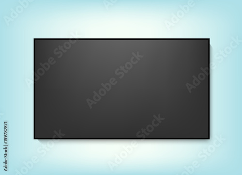 Realistic TV screen. Modern stylish lcd panel, led type. Large computer monitor display mockup. Blank television template. Graphic design element for catalog, web site, as mock up. Vector illustration