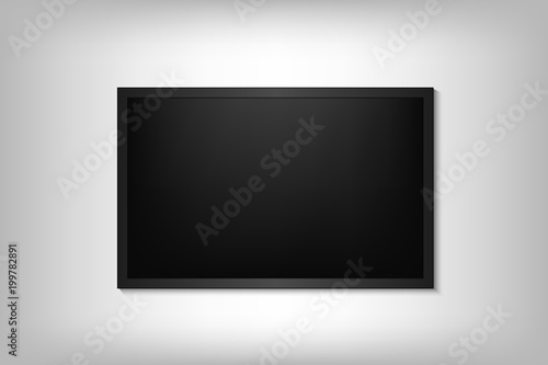 Realistic TV screen. Modern stylish lcd panel, led type. Large computer monitor display mockup. Blank television template. Graphic design element for catalog, web site, as mock up. Vector illustration