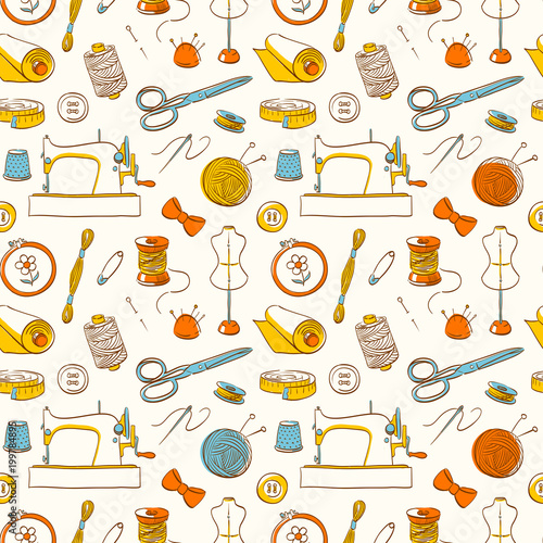 Sewing set. Kit for needlework and embroidery. Illustration with needle, thread, scissors, buttons, pin, spool, thimble, machine, mannequin.