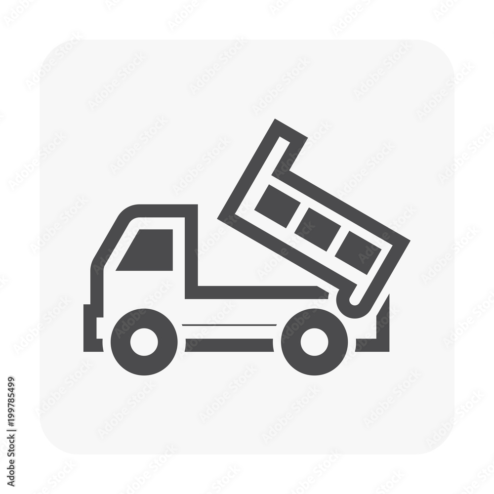 Dump truck vector icon. May called tipper truck, dumper trailer or tip lorry. Heavy machine equipment or vehicle for construction to load, unload, carrier, transport and delivery sand, rock and gravel Dump truck vector icon. May called tipper truck, dumper trailer or tip lorry. Heavy machine equipment or vehicle for construction to load, unload, carrier, transport and delivery sand, rock and gravel