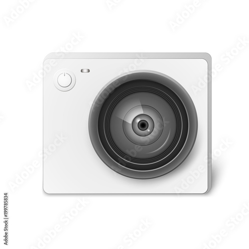 Compact white action video cameral. Photo, video camera equipment for filming extreme sports. Realistic vector illustration isolated on white background. . Realistic vector illustration