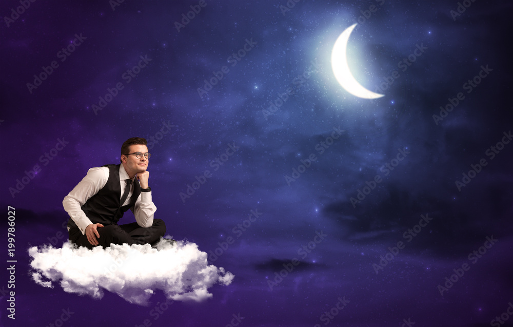 Caucasian businessman sitting on a cloud, wondering