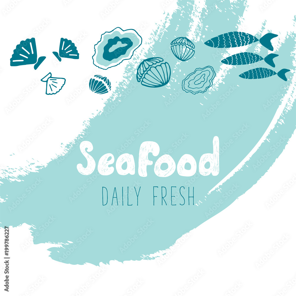 Hand Drawn Doodle Sketch Seafood illustration. Nautical background for seafood or fish restaurants, bars, markets or festivals. Vector template