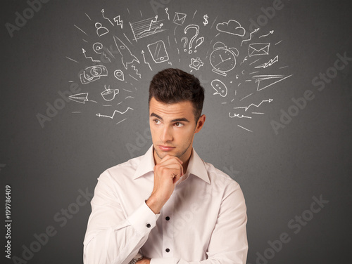 Young casual businessman with white social icons around his head