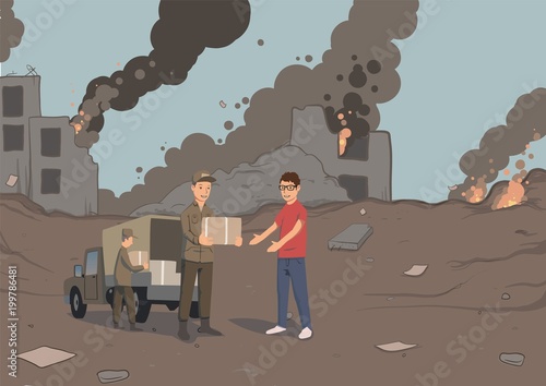 Military or volunteers distribute boxes with humanitarian aid. The distribution of food and basic necessities. Vector illustration, isolated on white background.