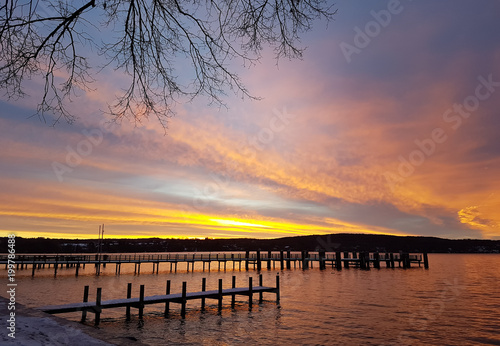 Sunrise behind the pier at Lake Starnberg