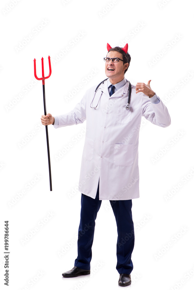 Devil doctor in funny medical concept isolated on white backgrou Devil doctor in funny medical concept isolated on white backgrou