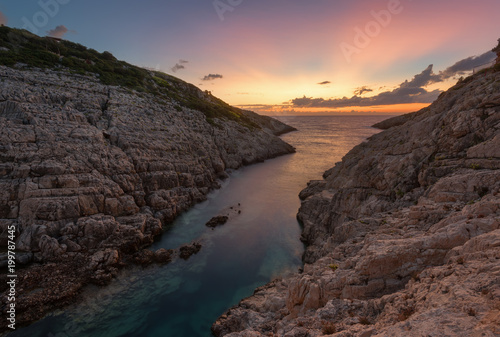 Landscape view of rocky formations Korakonisi in Zakynthos, Greece.Beautiful summer sunset, magnificent seascape.
