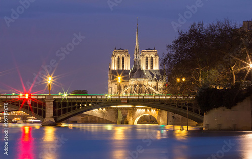 The Notre Dame Cathedral in the evening , Paris, France.