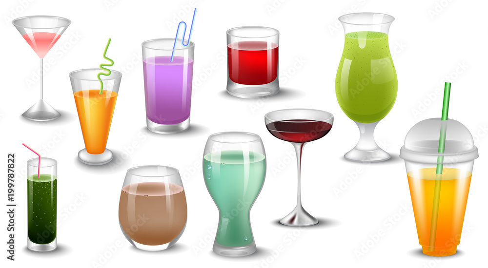Set of vector illustration of different drinks and cocktails.Isolated on white.
