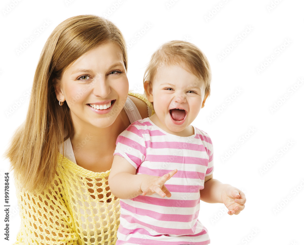 Mother and Kid Girl, Happy Mom with Baby Daughter, Infant Child one year old and Young Mum Portrait, Isolated on White background Mother and Kid Girl, Happy Mom with Baby Daughter, Infant Child one year old and Young Mum Portrait, Isolated on White background