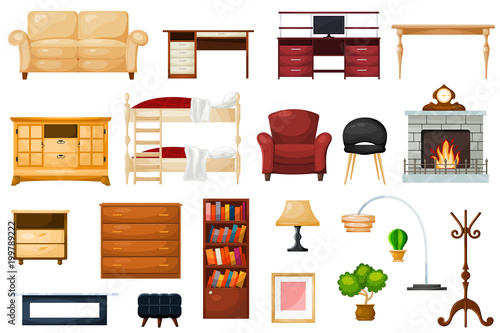Furniture vector furnishings design of living-room and furnished interior in apartment set of sofa table with drawers to furnish room illustration isolated on white background