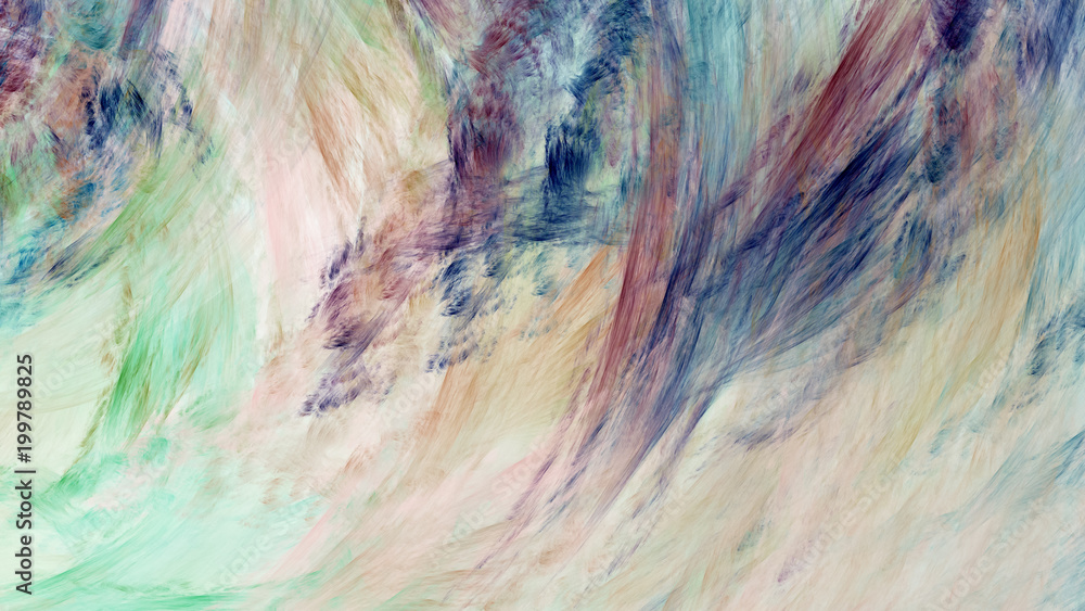Obraz premium Abstract painted texture. Chaotic green, beige, brown and blue strokes. Fractal background. Fantasy digital art. 3D rendering.