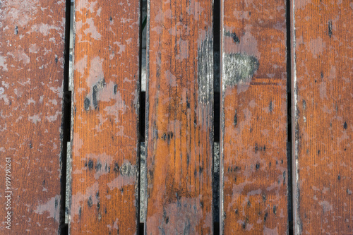 Damaged wet wooden table top closeup after rain background text message