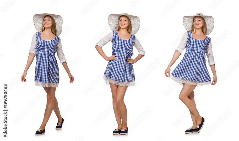 Smiling woman in plaid simple dress and hat isolated on the whit Smiling woman in plaid simple dress and hat isolated on the whit