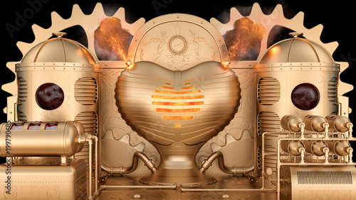 The steampunk stylized machine: the blood enters the reservoir tanks (the centrifuges) and then burns in the love heart-shaped furnace with explosion. 3D Rendering
