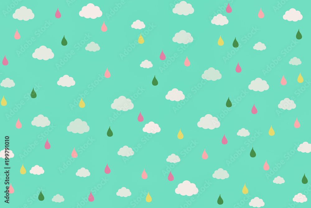 Little white cloud on blue sky background and colorful raindrops. Concept about fresh and happy in raining day use for background, wallpaper, cloths pattern for kids. Hand drawn illustration raster. Little white cloud on blue sky background and colorful raindrops. Concept about fresh and happy in raining day use for background, wallpaper, cloths pattern for kids. Hand drawn illustration raster.