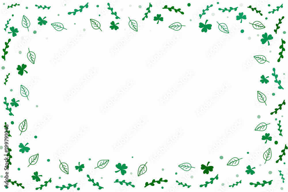 Cute green botanicals and dot pattern on white background with copy space or frame for fill your text. Abstract style by doodle art hand drawing illustration raster. Environment and plants concept. Cute green botanicals and dot pattern on white background with copy space or frame for fill your text. Abstract style by doodle art hand drawing illustration raster. Environment and plants concept.