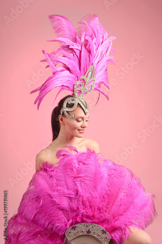 Canvas Print Beautiful girl in carnival costume with rhinestones and pink feathers