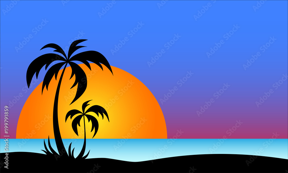 The outlines of palms against the background of the sun and sky.