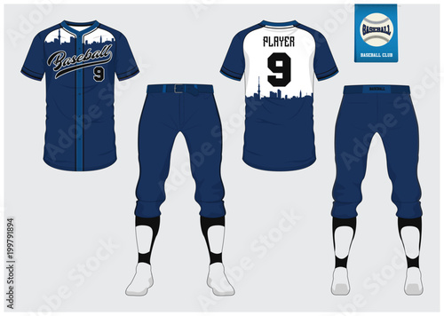 Baseball jersey, sport uniform, raglan t-shirt sport, short, sock template. Baseball t-shirt mock up. Front and back view baseball uniform. Flat baseball logo on blue label. Vector Illustration.
