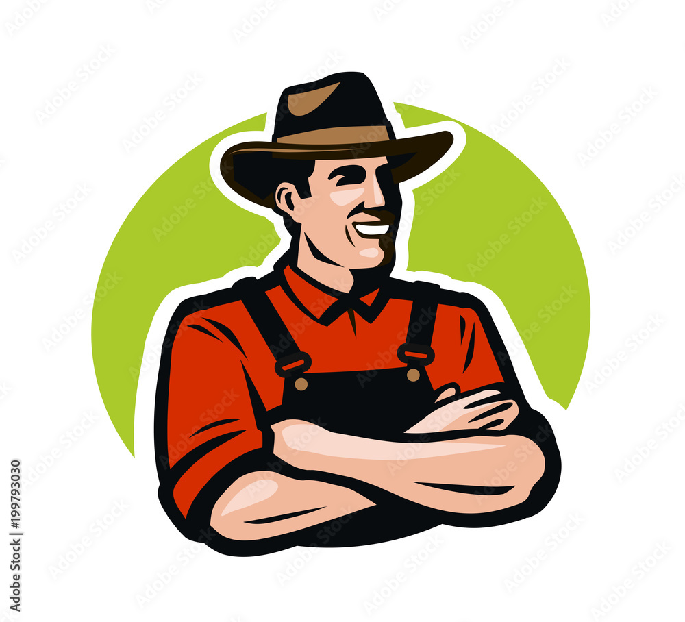 Farmer, grower logo or label. Farm, agriculture concept. Cartoon vector illustration Farmer, grower logo or label. Farm, agriculture concept. Cartoon vector illustration