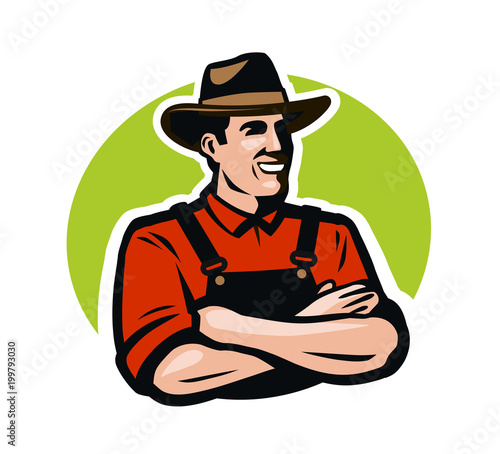 Farmer, grower logo or label. Farm, agriculture concept. Cartoon vector illustration