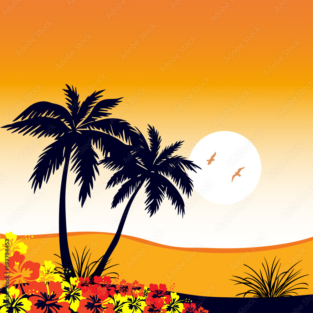 silhouette of palm trees, flowers, sand, orange sunset