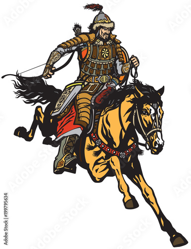Mongolian archer warrior on a horseback riding a pony horse in the gallop and holding a bow .Medieval time of Genghis Khan . Isolated vector illustration  © insima