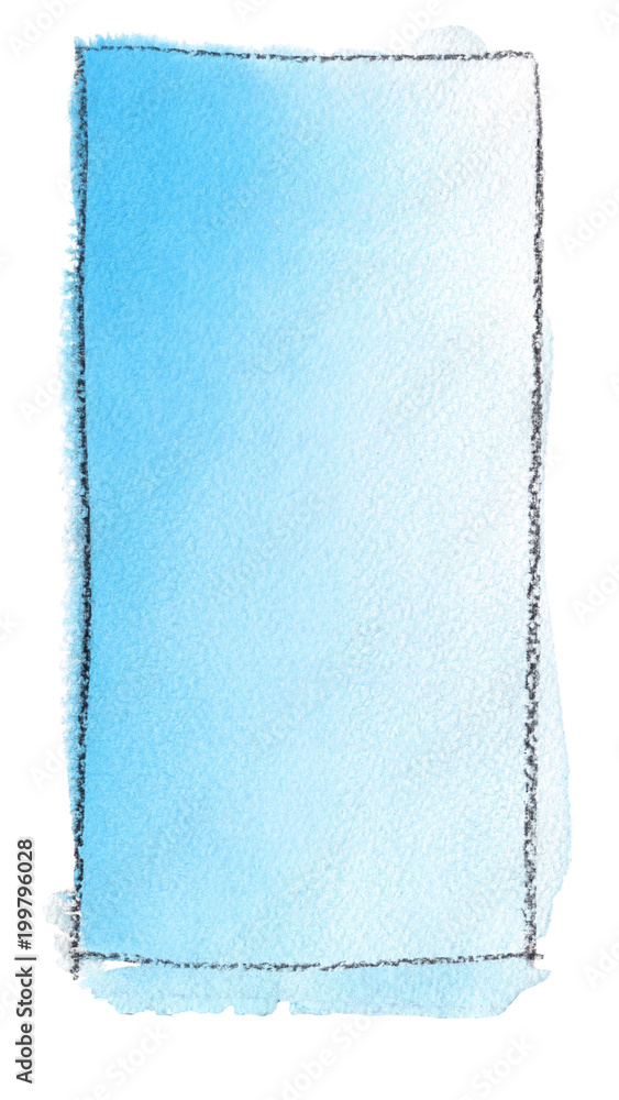 Watercolor gradient fill from Greek blue to white for background. Texture of watercolor paper. A vertical rectangle bounded by a line of drawing charcoal. Background.