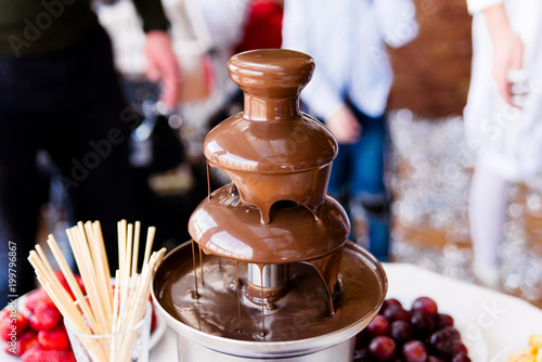 Vibrant Picture of Chocolate Fountain Fontain on childen kids birthday party with a kids playing around and marshmallows and fruits dip dipping into fountain