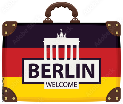 Vector travel banner with suitcase in colors of German flag with the Brandenburg Gate and inscription Berlin welcome