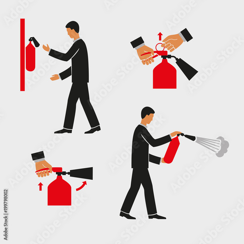 Figures for explaining the use of a fire extinguisher. Illustration of a simplistic man holding a fire extinguisher. Vector graphics