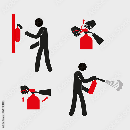 Figures for explaining the use of a fire extinguisher. A stylized simplistic man holds a fire extinguisher. Vector graphics