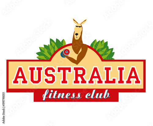 Logo. Signboard. Kangaroo wring out the dumbbell. Australian fitness club. Vector graphics